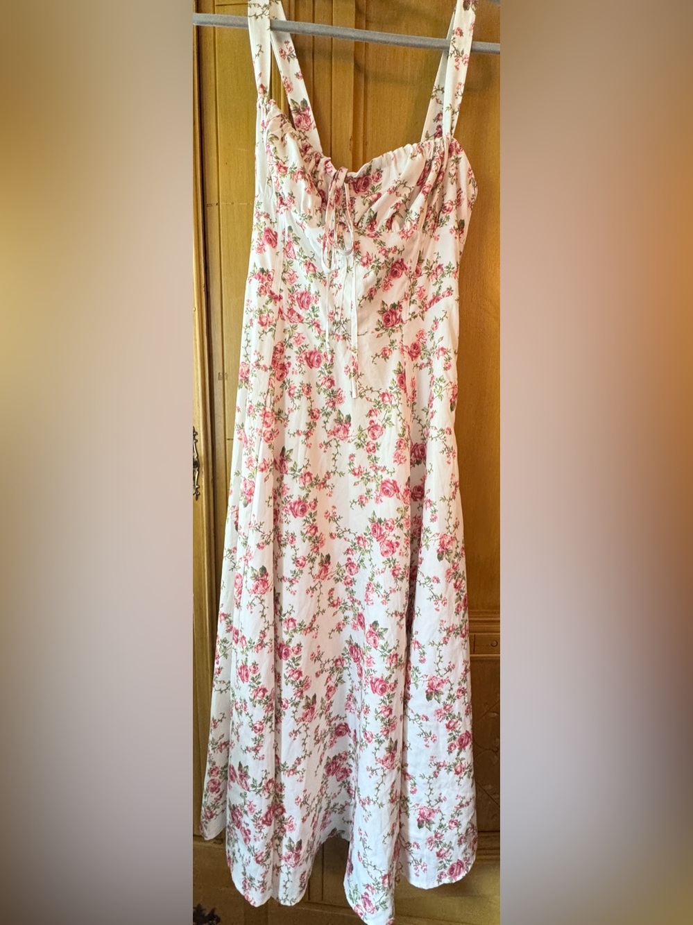 Commense Floral Midi Dress L NWT Cottagecore Lace Up Back Pink Rose Print